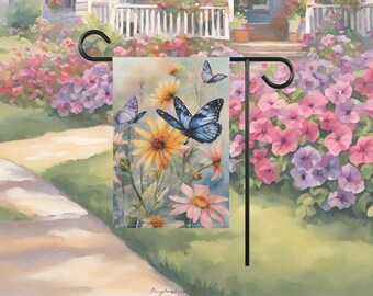 Striscione da giardino e casa con farfalle blu multiple ad acquerello, disponibile in versione piccola o grande, ornamento da giardino, decorazione di benvenuto