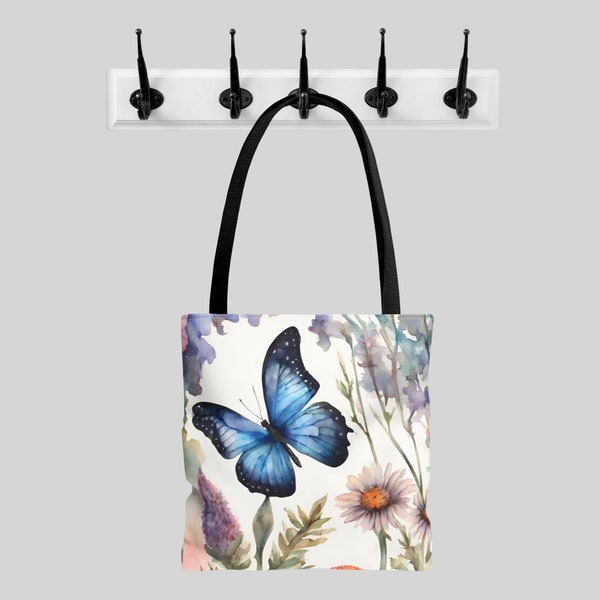 Sac fourre-tout tendance aquarelle deux papillons bleus, sac de marché fermier, sac à main, sac à couches, cadeau pour femme, petit, moyen et grand