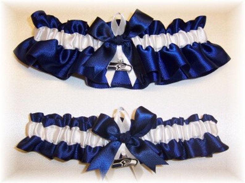 Seattle Seahawks Wedding Garter Set with Seattle Seahawks charms Handmade Keepsake and Toss Satin NW