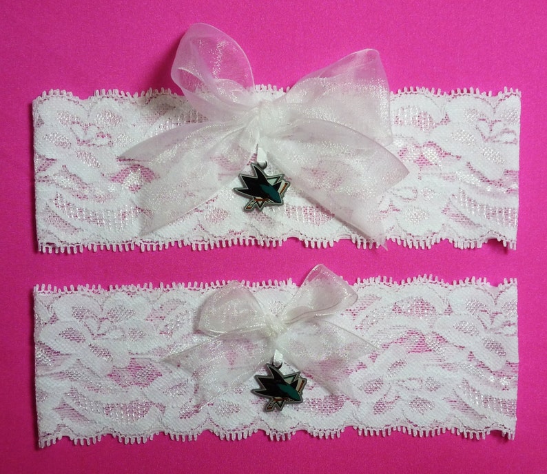 San Jose Sharks Inspired Wedding Garter Set White Lace Handmade with San Jose Sharks charm Handmade Keepsake and Toss