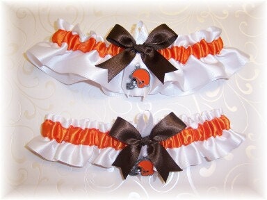 Customizable Cleveland Browns fabric handmade into keepsake garter on brown organza bridal prom wedding garter with bow wks 
