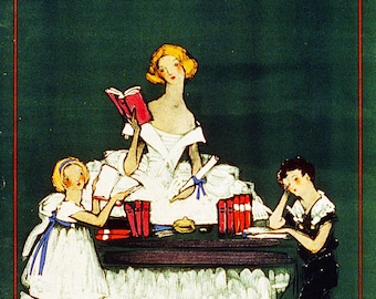 Vintage Book Poster - Family Reading Illustration (Digital Download)