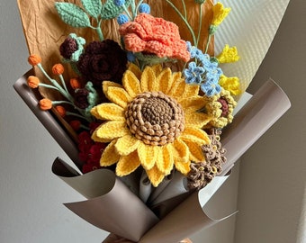 Crochet Flowers Bouquet, Colorful Flower Arrangement, Handmade Gift, Birthday, Girlfriend, Mom