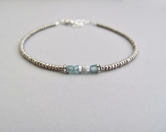 Silver Bracelet Blue Beaded Friendship Metallic Gray Glass Beads Tiny Seed Bead Gift for Her Bracelet Gunmetal Antique Silver Bracelet