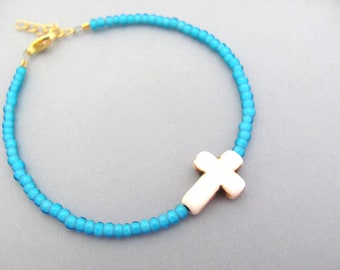 Stone Cross Bracelet Sideways Christian Jewelry Aqua Blue Beaded Religious Gift Birthday Anniversary Church GiftBracelet