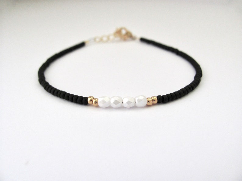 Black and White Beaded Bracelet Tuxedo Petite Jewelry Bridal Wedding Woman Teen Friendship Seed Bead Bracelet image 8