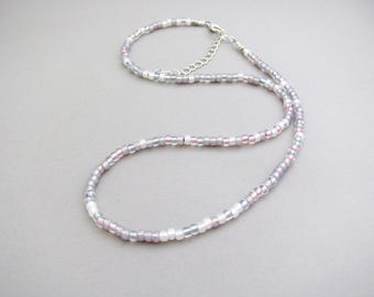 Foggy Day Choker Glass Beaded Silver Gray Lilac Jewelry 14 inch Choker Necklace