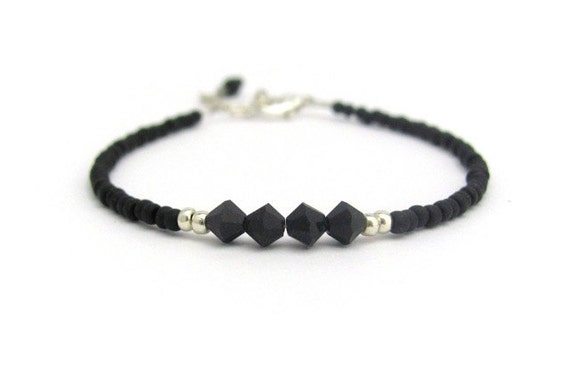 Black Friendship Bracelet Jet Swarovski Crystal Seed Bead Beaded