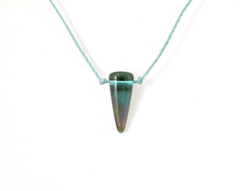 Bohemian Glass Necklace Vintage Point Sterling Silver Teal Cord Minimal Boho Necklace