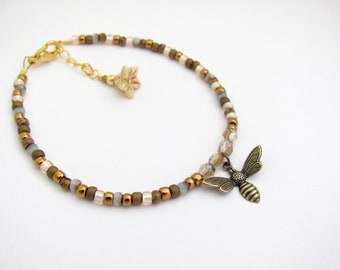 Bee Charm Bracelet Friendship Girlfriend Bumble Bee Charm Bronze Beaded Glass Boho Mix  Minimal Adjustable Birthday Gift Honey Bee Bracelet