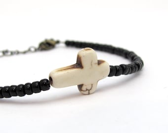 Stone Cross Bracelet Sideways Christian Jewelry Black Beaded Religious Gift Friendship Bracelet