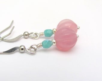 Pink Turquoise Earrings Summer Beaded Dainty Earrings