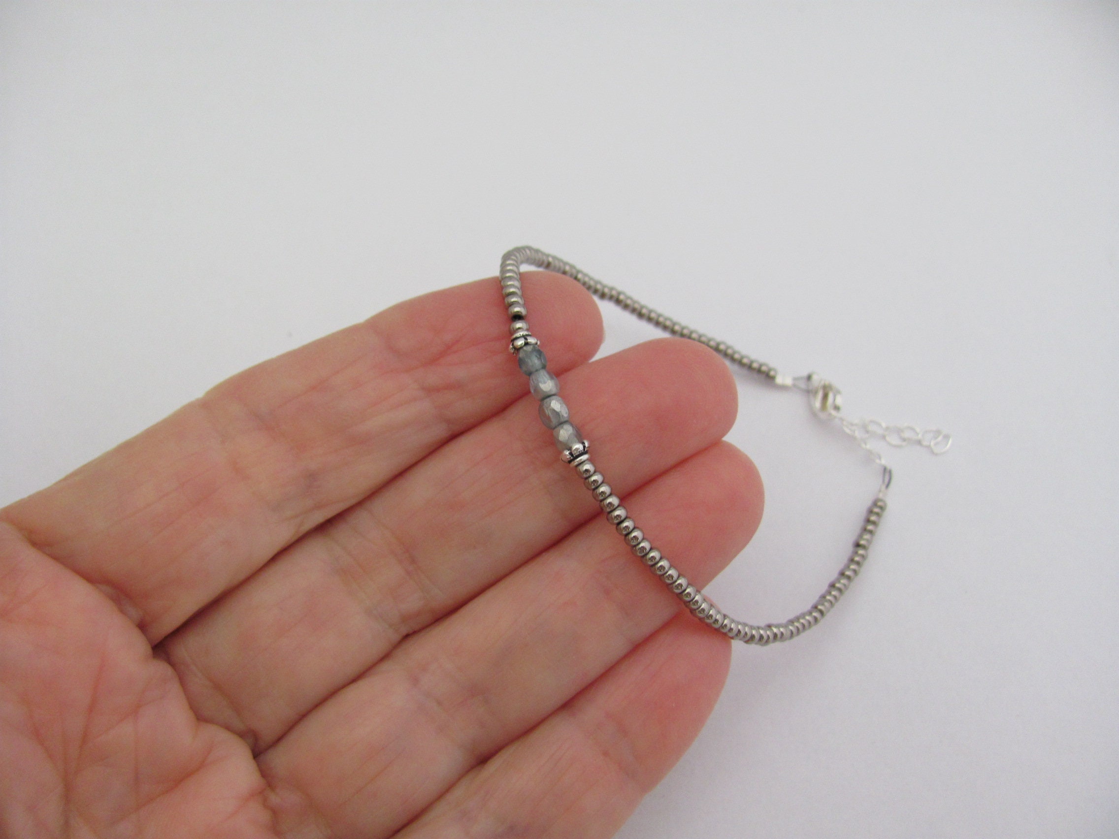 Silver Bracelet Blue Beaded Friendship Metallic Gray Glass | Etsy