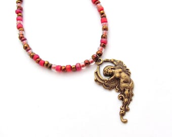 Goddess Necklace Rose Antiqued Brass Choker Glass Beads Dainty Art Deco Design Necklace