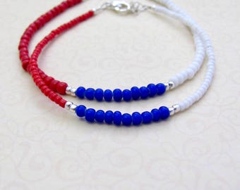 Red White Blue Bracelet Patriotic 4th of July Friendship Seed Bead Beaded Bracelet Made in USA