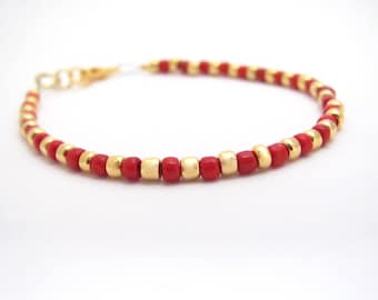 Holiday Christmas Red Gold Beaded Bracelet Seasonal Christmas Jewelry Bracelet Candy Cane Winter Jewelry Stocking Stuffer Gift