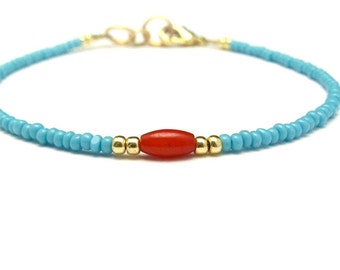 Tuquoise Blue and Coral Beaded Bracelet Minimal Dainty Jewelry Woman Daughter Granddaughter Small Valentine