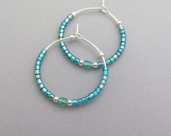 Silver Hoop Earrings Ocean Blue Green Beaded Earrings