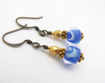 Blue White Earrings Lampwork Glass Antiqued Brass Dainty Boho Chic Birthday Girlfriend Woman Party Gift for Her