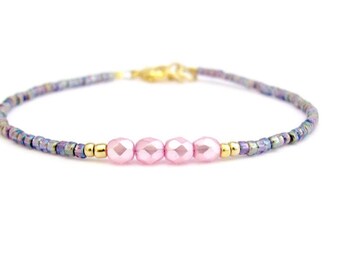 Pink Purple Dainty Beaded Bracelet Faux Pearl Seed Beads Boho Bohemian Minimal Jewelry Hawaiian Jewelry