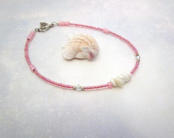 Puka Shell Bracelet Rose Pink Hawaii Sterling Silver Petite Glass Bead Bracelet Hawaiian Jewelry Gift