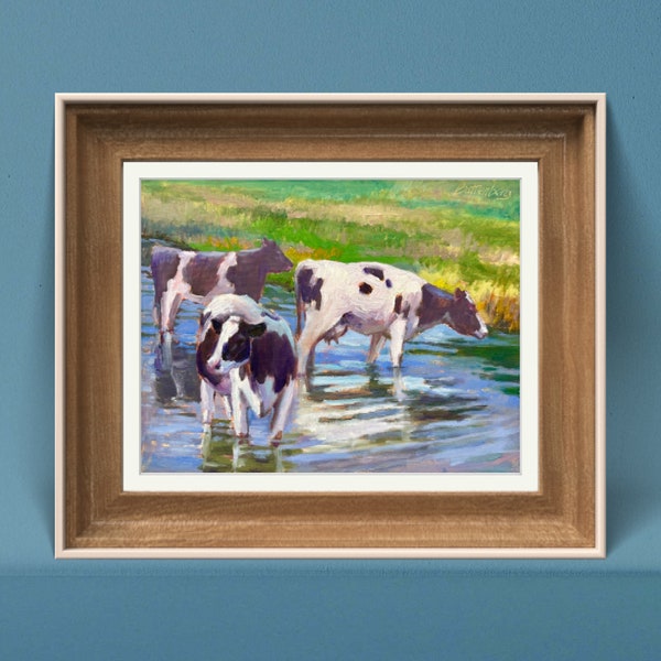Cow Painting, Farm Paintings, Oil on Canvas, Handmade, Original Oil Painting, Rural Art, Farm Painting, Holsteins Cooling Off