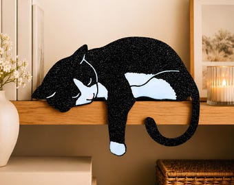 Tuxedo Cat Shelf Pet - Black and White Cat Lover Gifts - Cat Figurine for Bookshelf, Desk, Door, Mantel - Gift for Cat Parents