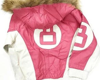 Roze leren jack met 8 bollen en bontcapuchon - handgemaakt, op maat gemaakt jack