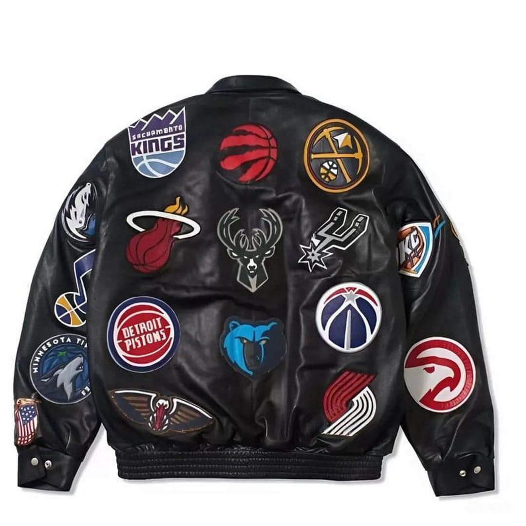 NBA Teams Collage Leather Black Jacket Hand Made Customized Jacket