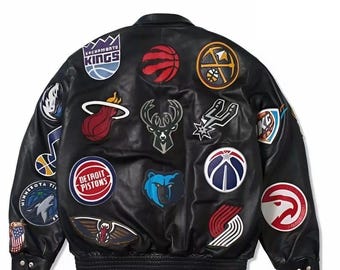 NBA Teams Collage Leather Black Jacket - Hand Made Customized Jacket