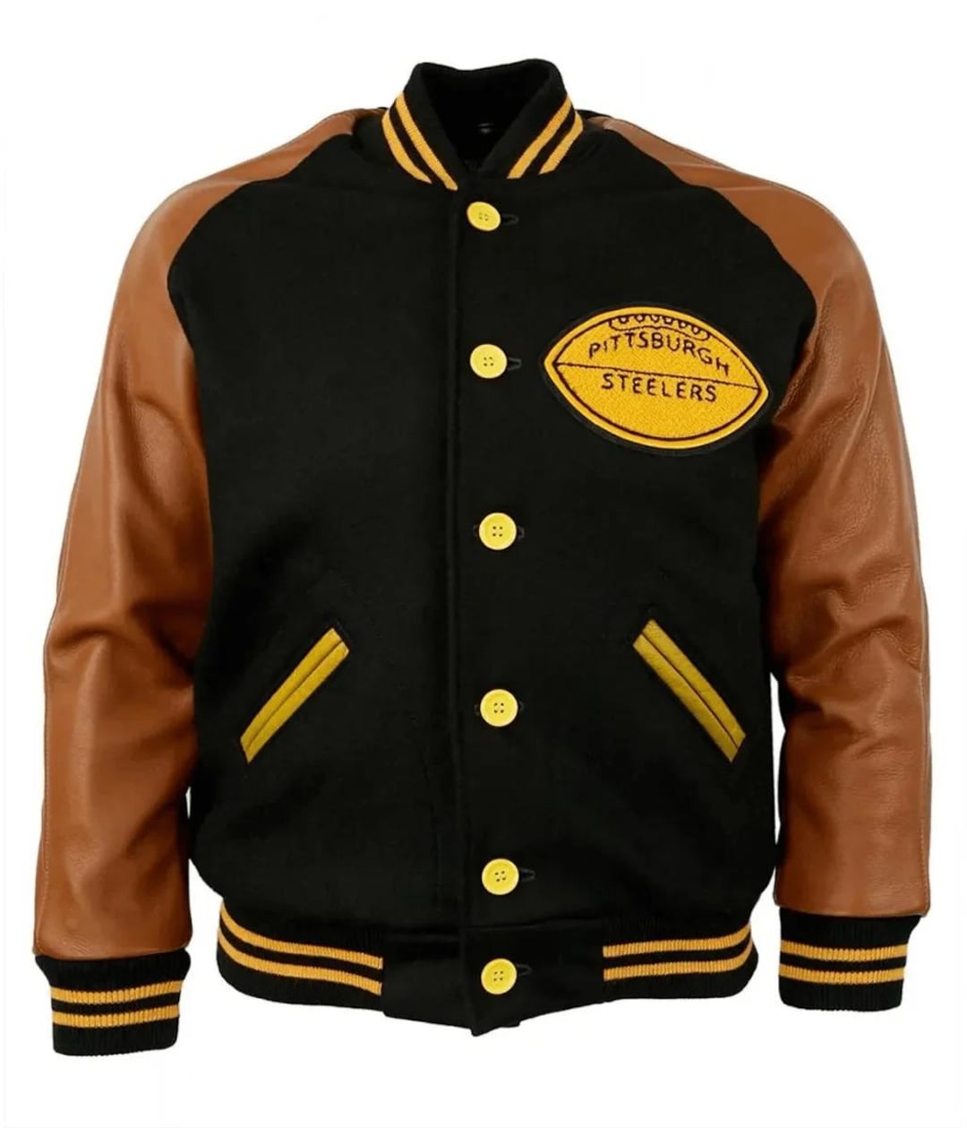 Pittsburgh Steelers Varsity Brown and Black Jacket Hand Made
