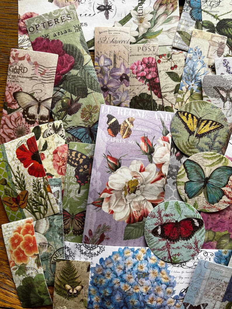 50 stickers Washi, fleurs papillon style vintage, carnet, collage et fournitures de scrapbooking image 2