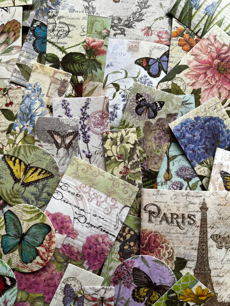 50 Washi Stickers, Flowers Butterfly Vintage Style, Journal, Collage and Scrapbooking Supplies image 3