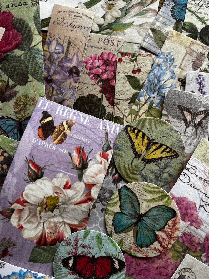 50 stickers Washi, fleurs papillon style vintage, carnet, collage et fournitures de scrapbooking image 5
