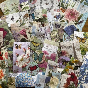 50 stickers Washi, fleurs papillon style vintage, carnet, collage et fournitures de scrapbooking image 1