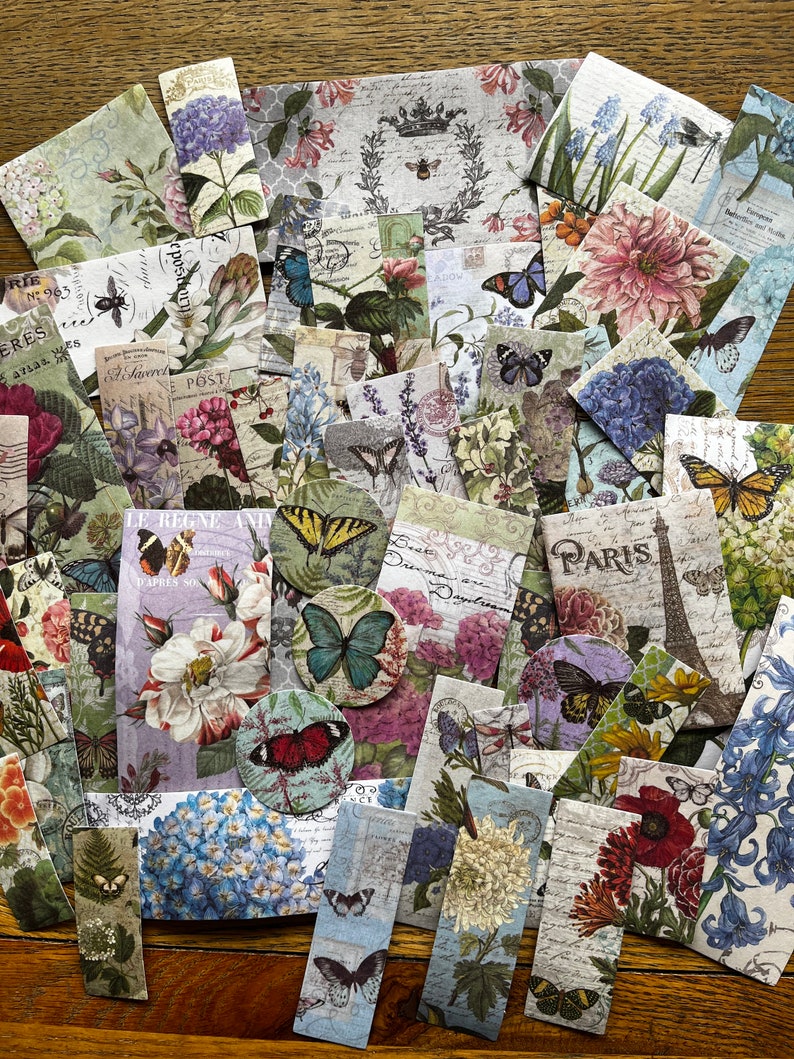 50 stickers Washi, fleurs papillon style vintage, carnet, collage et fournitures de scrapbooking image 1