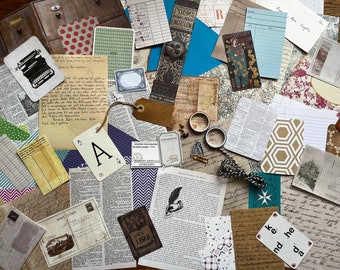 Junk Journal Starter Kit Box - Scrapbooking Paper Tags Stickers Vintage Ephemera & Journal - at least 70 pieces