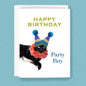 BIRTHDAY CARD: Happy Birthday, cat art, birthday wishes, party boys, card from cat, whimsical cards, birthday greetings, Happy Birthday