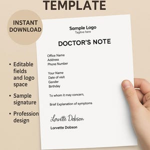 Puede incluir: Una plantilla de nota médica personalizable con campos editables, una firma de muestra y espacio para un logotipo y un diseño profesional. La plantilla incluye campos para el nombre del consultorio, la dirección, el número de teléfono, su nombre, la fecha de la visita, el género, la fecha de nacimiento y una breve explicación de los síntomas. El texto "Solo para fines de novedad" se encuentra en la parte inferior de la plantilla.