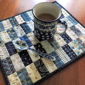 Simple Small Quilt Pattern - Scrappy Blue & White Mini Quilt