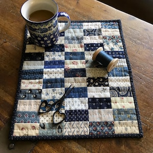 Simple Small Quilt Pattern - Scrappy Blue & White Mini Quilt