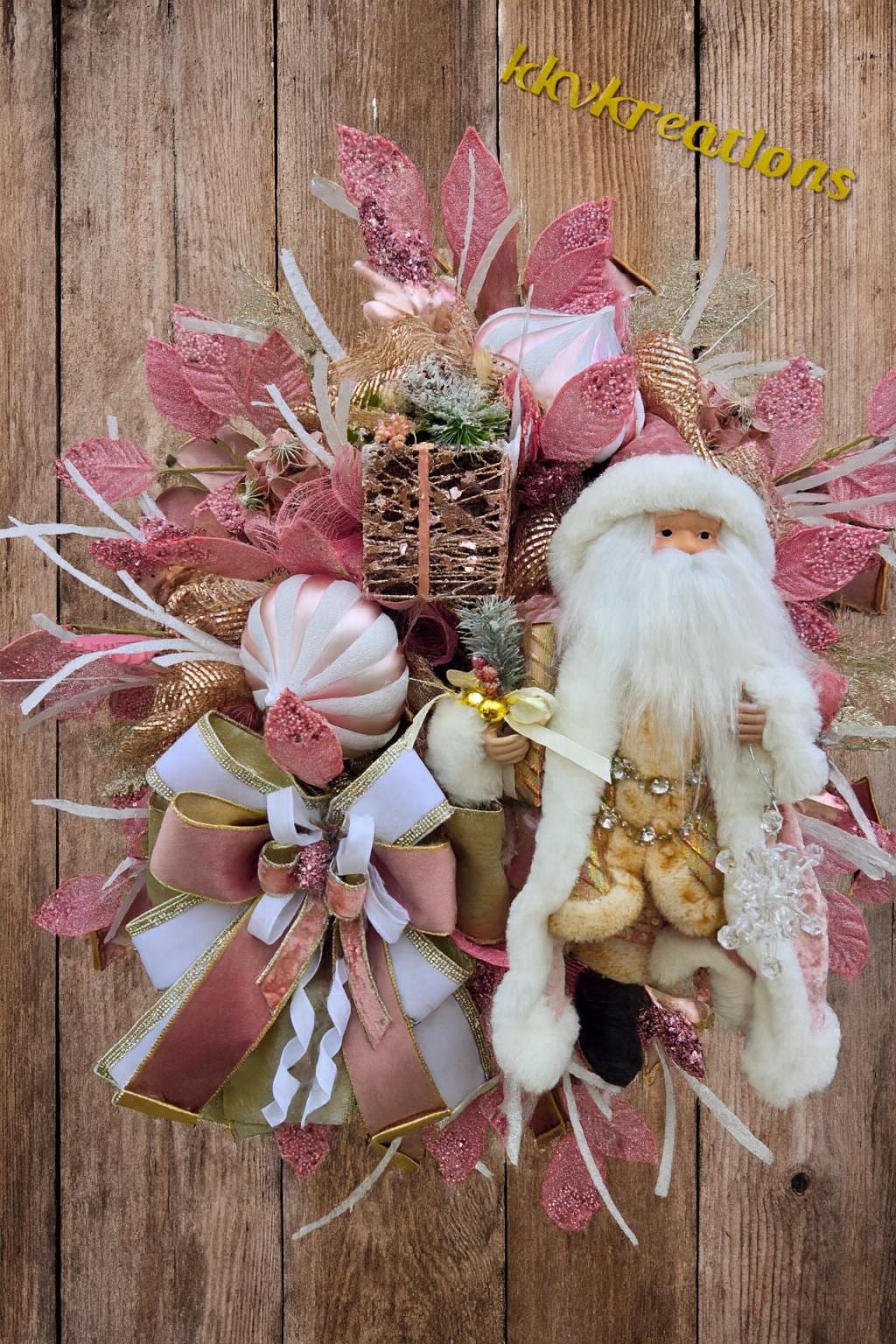 Luxurious Pink, White, and Gold Velvet Santa Christmas Wreath – Elegant ...