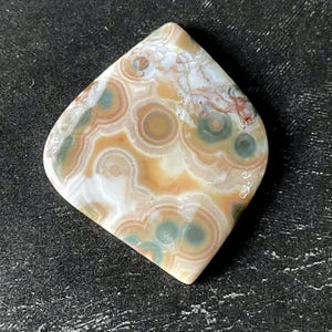 May include: A polished gemstone with a unique pattern of concentric circles in shades of brown, green, and white. The stone has a smooth, rounded shape and is set against a dark background.