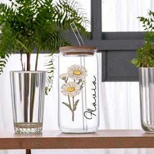 Custom Glass Coffee Cup, Birth Flower Tumbler, Flower Coffee Cup, Iced Coffee Cup Floral Retro, Bridesmaid Gift, Graduation Gift