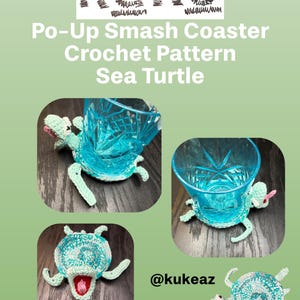 Può includere: Uno schema all'uncinetto per sottobicchieri a forma di tartaruga marina di kuke con il testo Po-Up Smash Coaster Crochet Pattern Sea Turtle e @kukeaz. Le immagini mostrano una tartaruga marina all'uncinetto verde chiaro e bianca con bocca rosa.