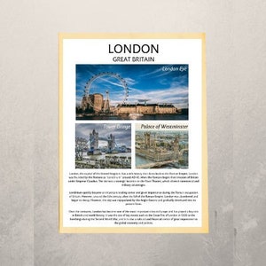 May include: A collage of images showcasing famous landmarks in London, England. The images include the London Eye, Tower Bridge, and the Palace of Westminster. The text "LONDON GREAT BRITAIN" is at the top of the collage.