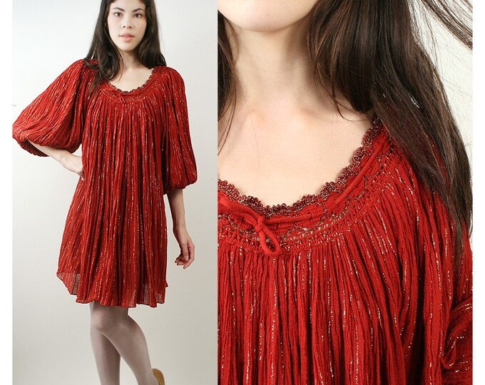 Vtg 70s Gauze Hippie Dress With Crochet and Metallic Thread Details S M