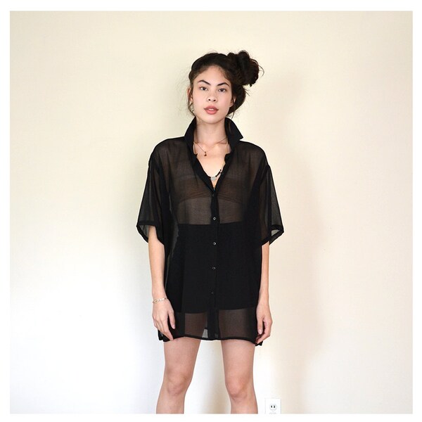 vintage sheer black button down top L XL