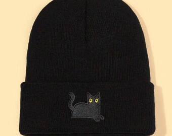 Unisex Super Soft Spooky Cat Embroidery Beanie in 5 Color Sets