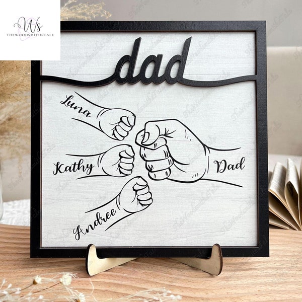 Personalized Dad Hand Bumps Wooden Sign 2 Layer, Dad And Children Wooden Sign, Custom Name Wooden Sign 2 Layer, Daddy Wooden Sign